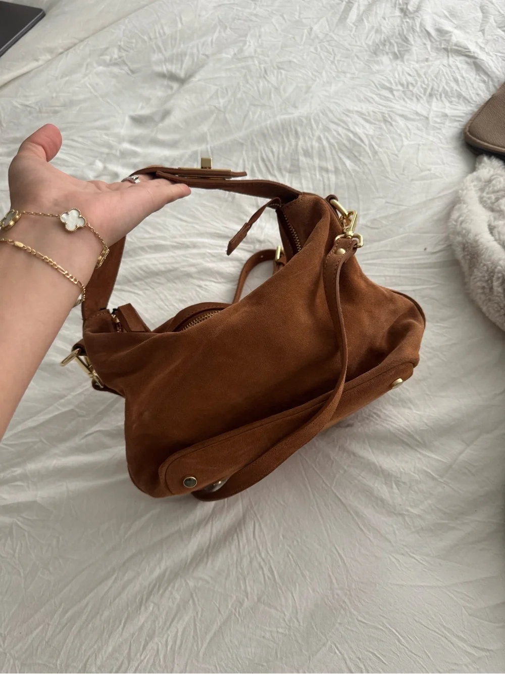 Claudia Canova genuine leather Brown Suede Shoulder Bag with Gold Hardware